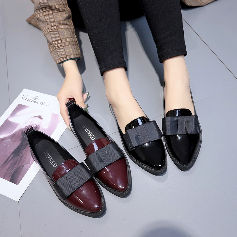 Women Shoes Loafers - Черные/бордовые лакированные туфли-лодочки с острым носком,