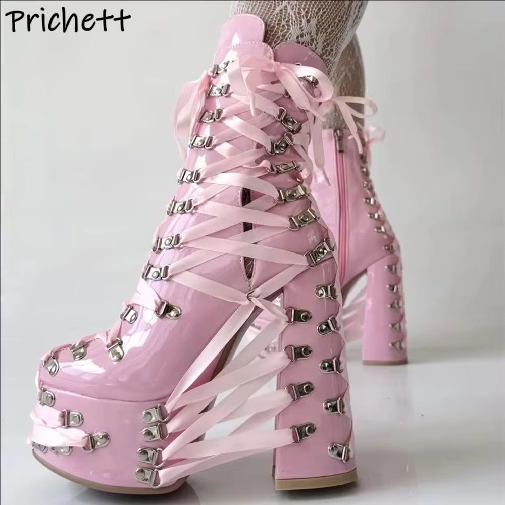 Ribbon Tie Heel - Черно-розовые ботильоны с перекрестной завязкой и