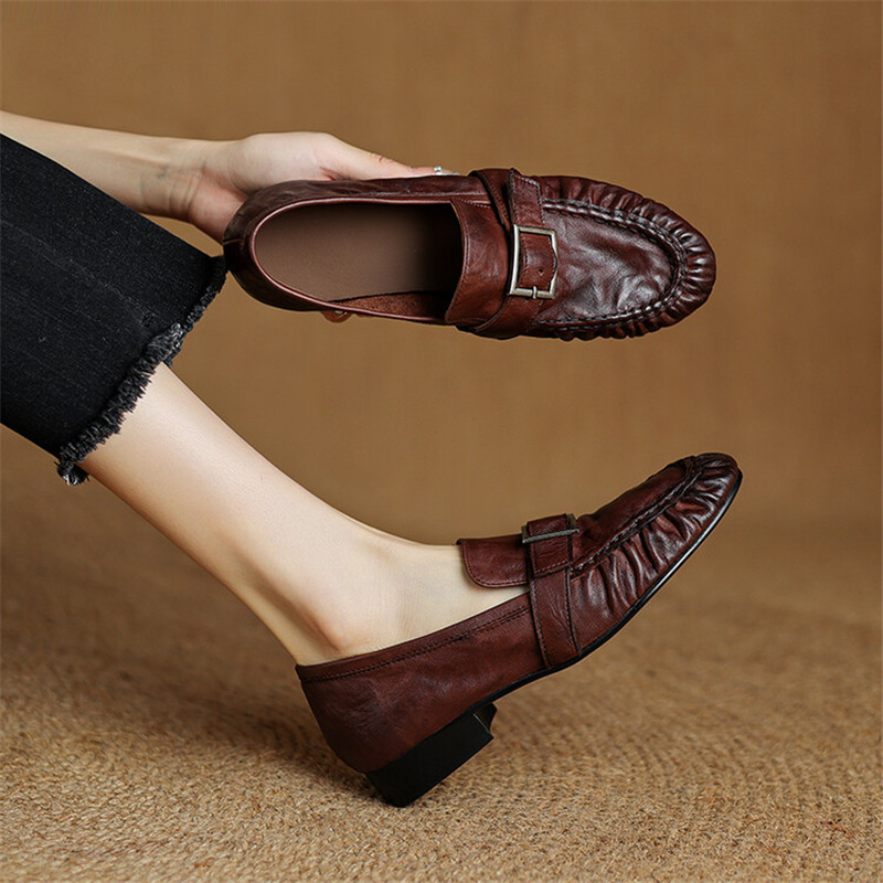 Women Shoes Loafers - Женские Плиссированные туфли-лодочки из натуральной кожи,
