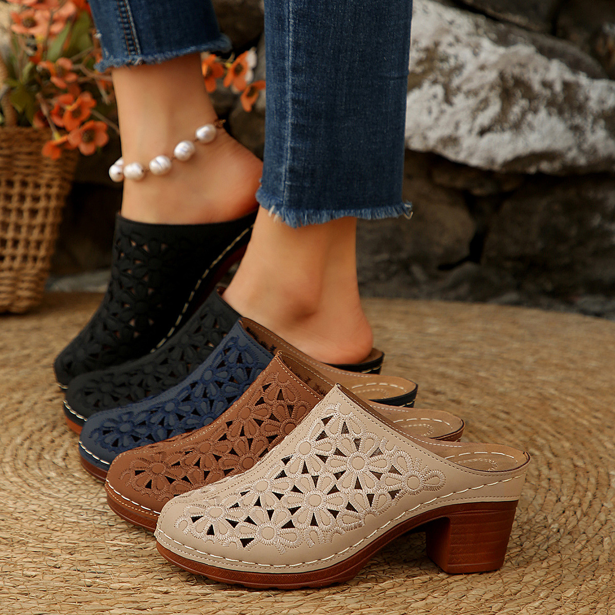 Women'S Shoes Clogs - Женские мюли с цветочным узором и