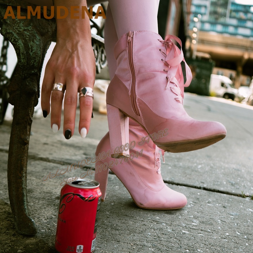 ALMUDENA розовые атласные боти – обзор и цена Ribbon Tie Heel
