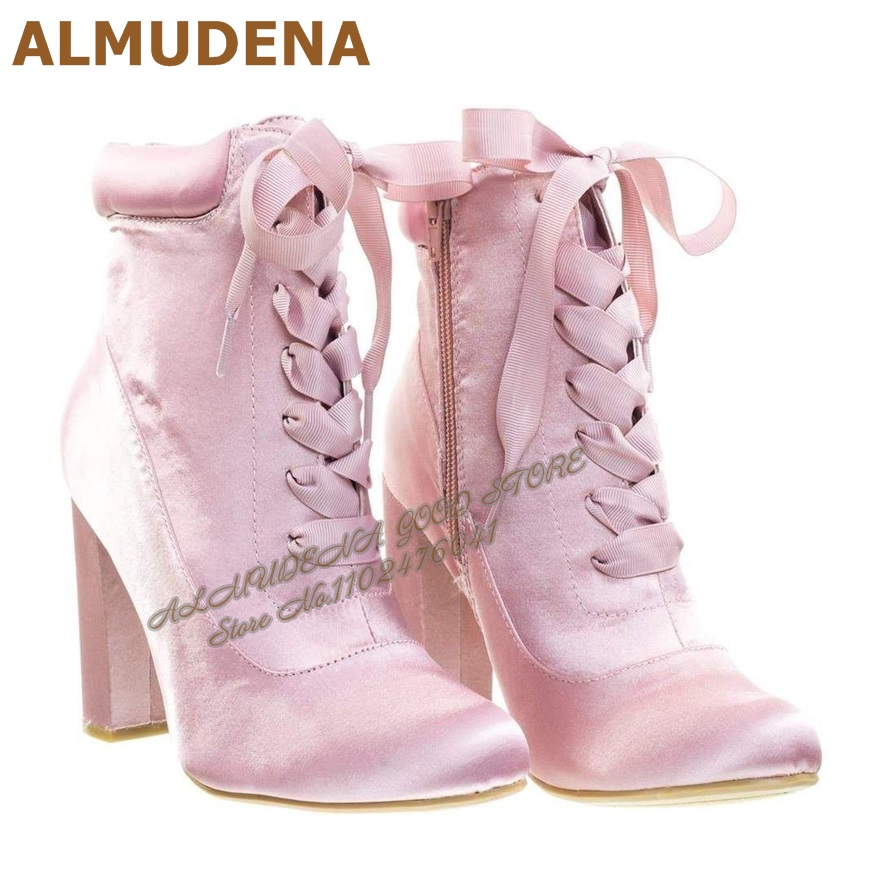 ALMUDENA розовые атласные боти – обзор и цена Ribbon Tie Heel